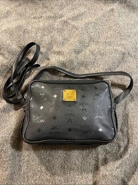 MCM Black Logo Crossbody with Gold Plate